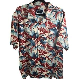 Tommy Bahama Men XL 100% Silk Shirt Red White Blue Tropical Leaf Floral Hawaiian